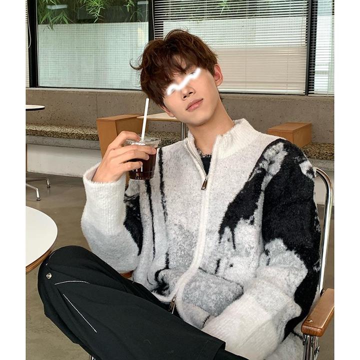 灰色荆棘刺绣毛衣男春秋季美式复古vintage慵懒风双拉链针织衫