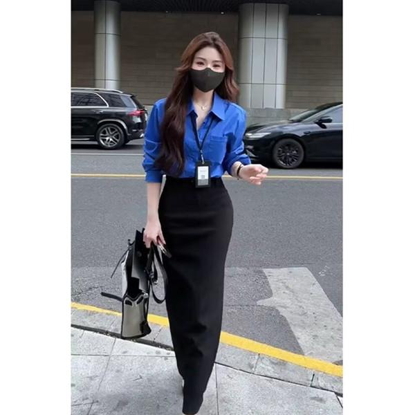 韩版简约polo领蓝色衬衫女春季气质宽松克莱因衬衣高腰半身裙套装