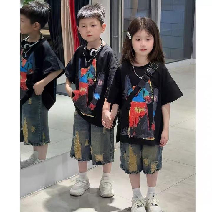 男童酷帅2025夏装兄妹套装男孩韩范痞帅短袖T恤牛仔中裤两件套潮9