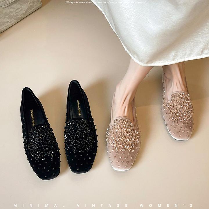 2025年春秋百搭水钻单鞋女绝美平底法式芭蕾瓢鞋浅口一脚蹬乐福鞋