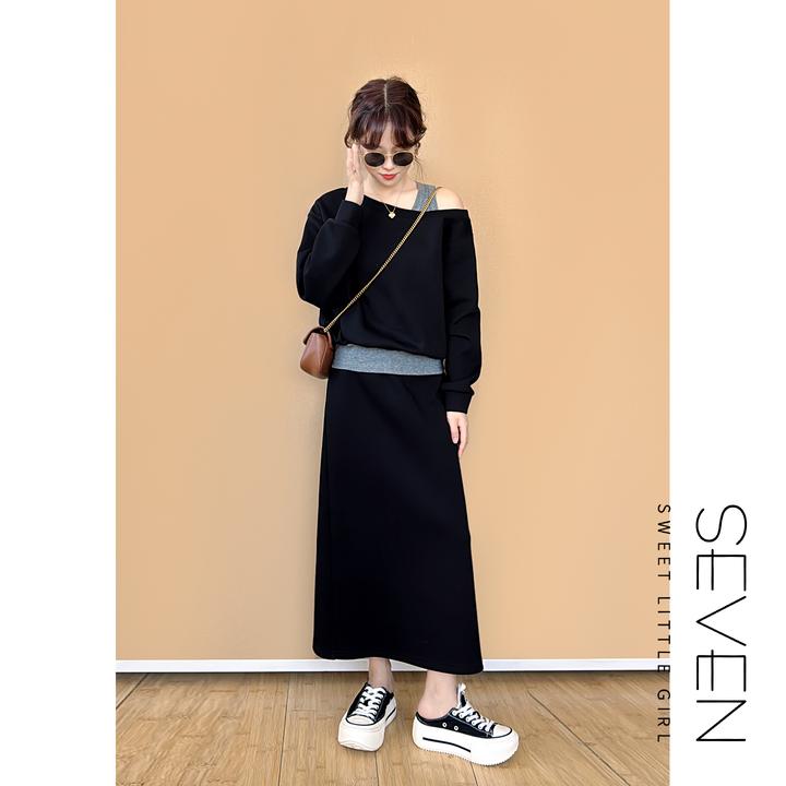 时髦懒人⑧七七146小个子设计感露肩假两件卫衣半身裙套装女小美说