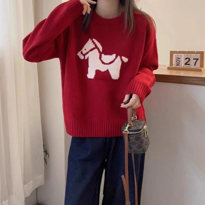 可爱提花小马图案全针织衫女欧洲站秋冬新款新年红色圣诞毛衣
