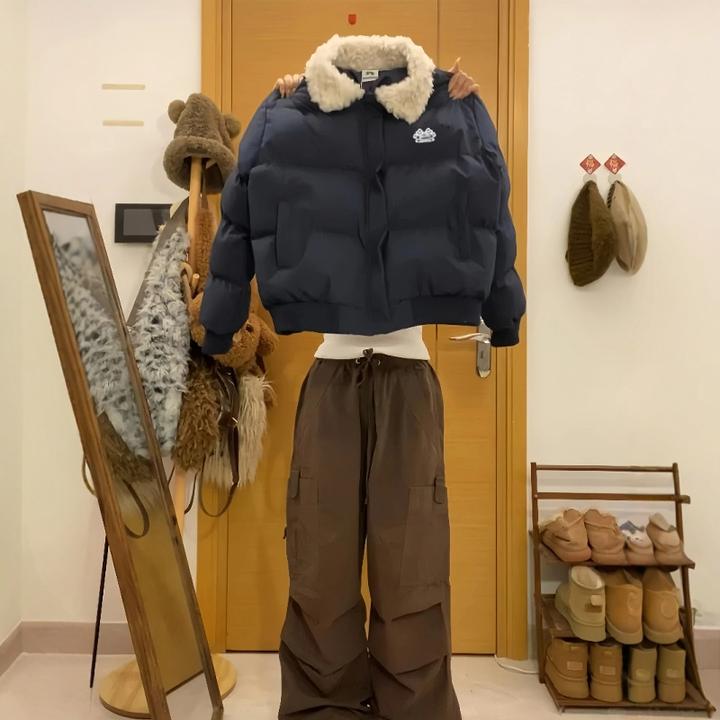 学院风加厚翻领设计感棉服新款美式棉衣复古羊羔宽松棉袄小个子女