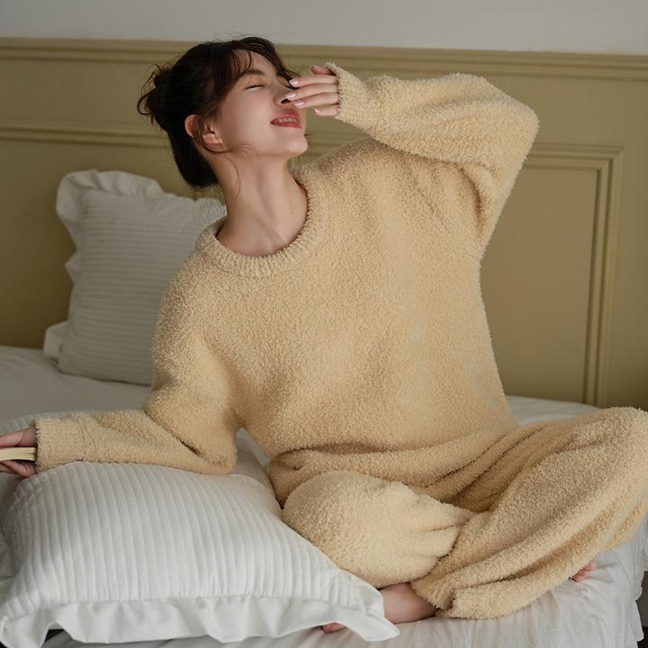 冬日半边绒睡衣女欧若风软绵绵弹力家居服女睡衣女款爆款睡衣秋冬