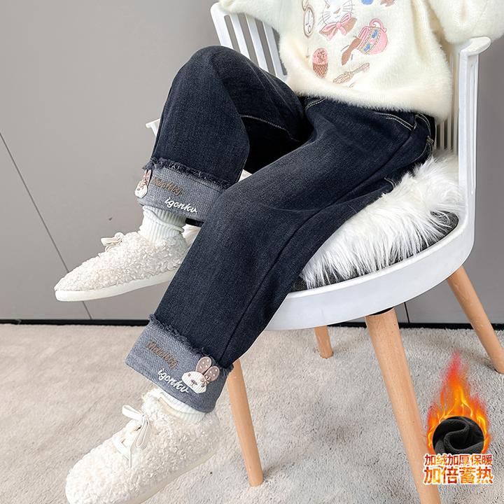 女宝宝绣字母兔子加绒牛仔裤冬季新款外穿小女孩宽松一体绒阔腿裤