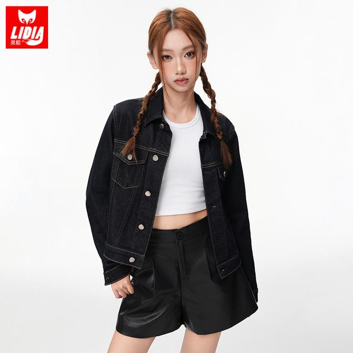 秋季美式短款黑金色翻领早秋牛仔外套女复古修身辣妹痞帅风短上衣