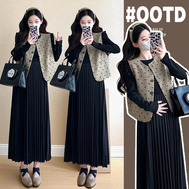 新品孕妇装复古马甲外套长款孕妇连衣裙套装