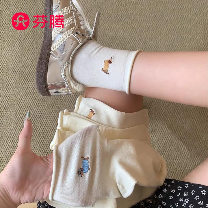 芬腾白色袜子女棉袜秋季ins潮卷边春夏堆堆袜卡通可爱小狗月子袜