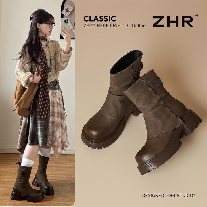 ZHR/则则厚底短靴女2025秋冬新款美拉德高跟堆堆靴子裤管靴马丁靴