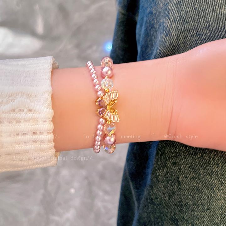 铜合金仿珍珠手链 双层贝珠蝴蝶手链女甜美轻奢小众高级感手饰品