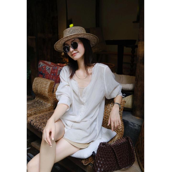 韩系简约夏季新品双层花边V领防晒宽松衬衫