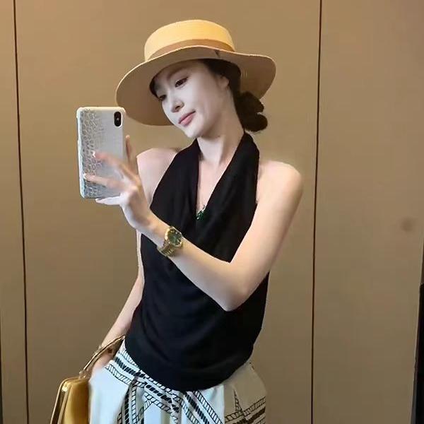 秋冬打底新款莫代尔女长款一字领褶皱针织内搭外穿背心吊带上衣