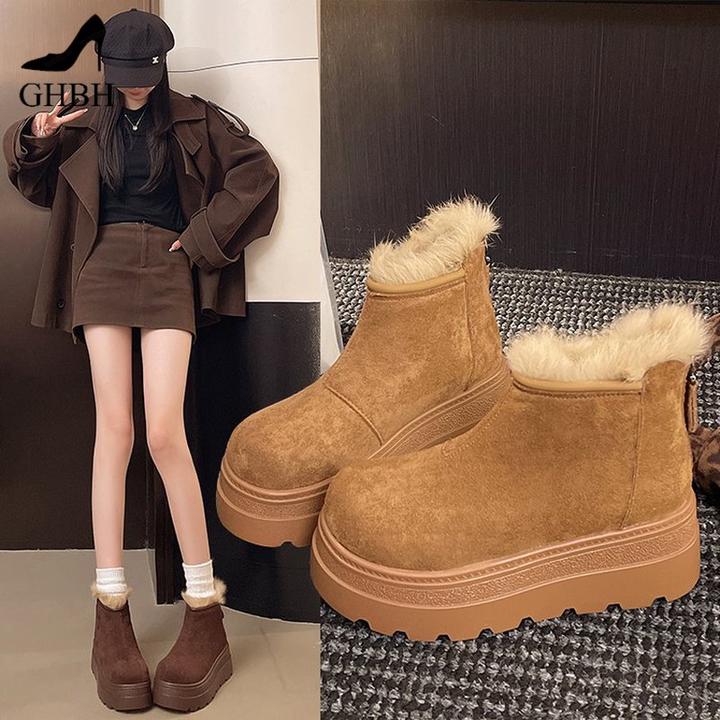 小个子厚底加绒雪地靴女冬季款松糕马丁靴加厚短靴后拉链女靴