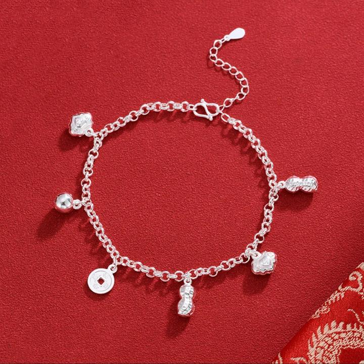 足银手链 990纯银五宝银手链花生铃铛长命锁铜钱简约百搭小众饰品