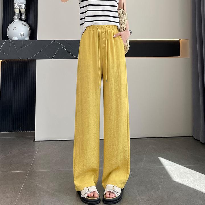 蜜糖之城松紧腰亚麻阔腿裤女夏季薄款2025新款休闲直筒冰丝女裤子