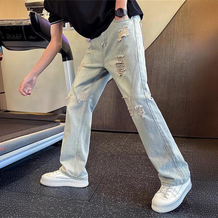 美式复古牛仔裤男夏季破洞设计感裤子美式高街vibe显瘦直筒微喇裤