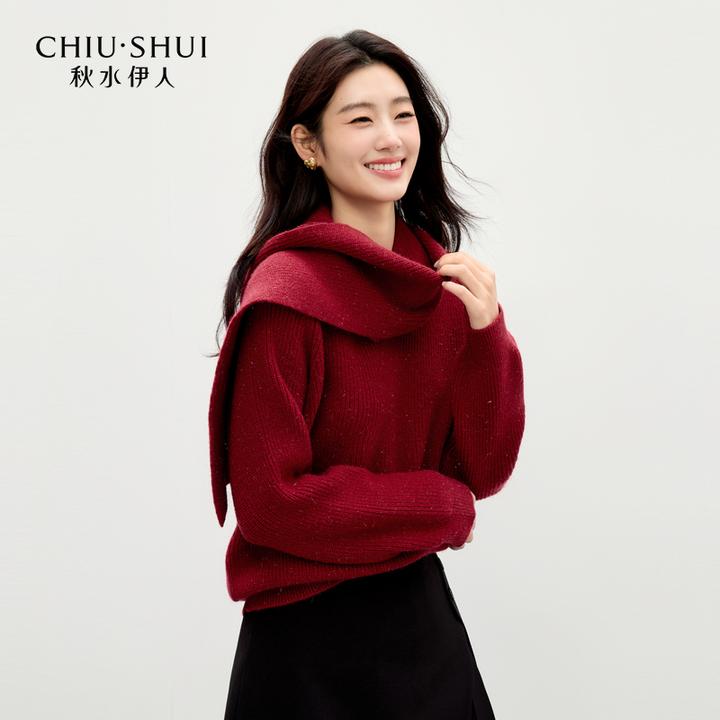 秋水伊人经典v领围巾毛衣2025年冬季新款毛针织衫625495M344385