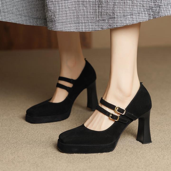 10cm粗跟浅口玛丽珍鞋2026新款真皮防水台单鞋职业走秀工作高跟鞋