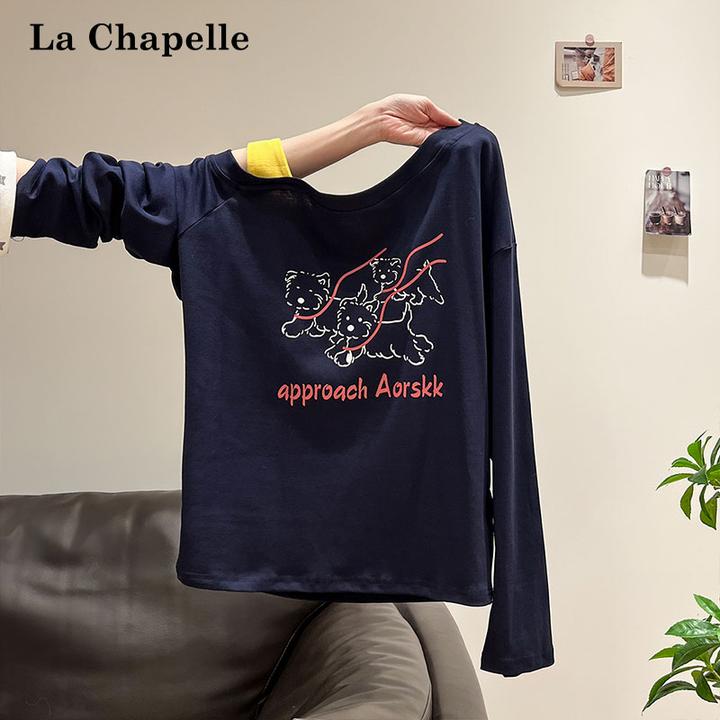 拉夏贝尔藏青色印花撞色斜领长袖T恤女秋季宽松可爱慵懒风小上衣