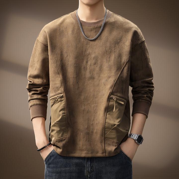 高端工装拉链口袋卫衣男秋季新款潮牌宽松痞帅麂皮绒休闲圆领上衣