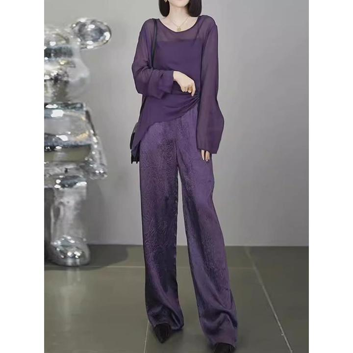 欧货高级感紫色时尚套装女夏季新款气质穿搭薄款长袖阔腿裤两件套