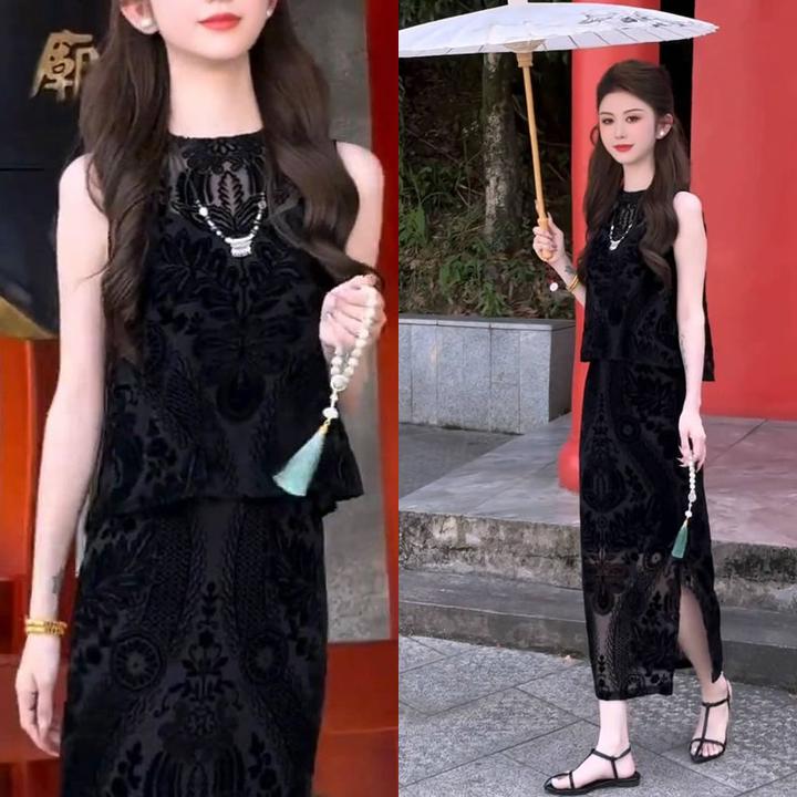 法式提花裙子时尚套装2025夏季新款开叉修身轻奢复古中国风两件套