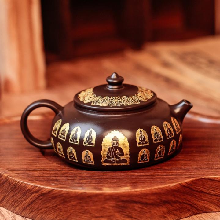 原矿紫砂寒江壶紫泥手工石窟拓影寒江壶复古创意小容量高档茶具