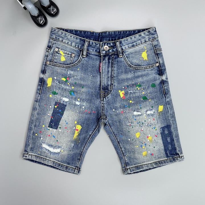 夏季薄款男士牛仔短裤修身弹力潮流假破洞五分裤泼墨喷漆个性中裤