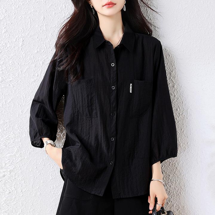 春秋季七分袖衬衫女大码时尚洋气百搭小衫宽松遮肚子显瘦上衣早秋