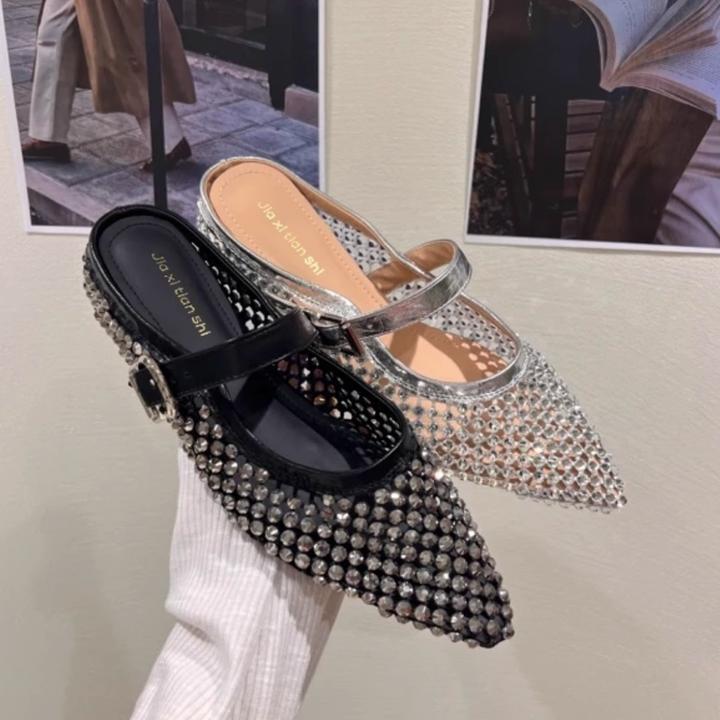 2025新款法式复古尖头金属扣水钻包头半拖鞋女外穿时尚穆勒凉拖鞋