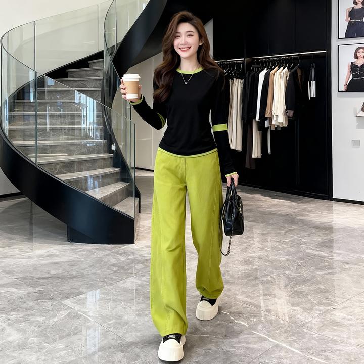 韩版时尚休闲运动套装女秋百搭显瘦修身黑色长袖T恤阔腿裤两件套