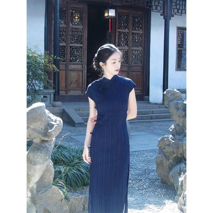 新中式绝美藏青色改良旗袍女夏2025复古民国少女感江南风连衣裙潮