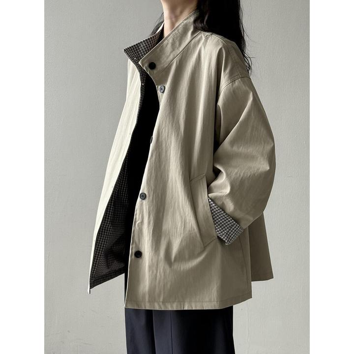 英伦风立领风衣外套女中长款2025秋冬新款宽松休闲格子内衬大衣女