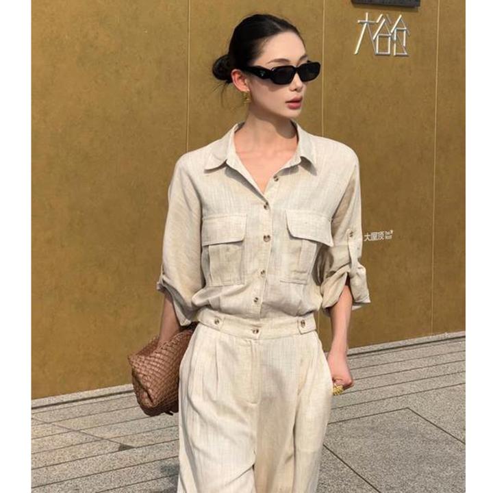 老钱风高端亚麻套装女秋季新款时尚通勤轻奢棉麻衬衣阔腿裤两件套
