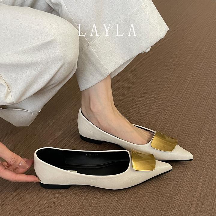 平底尖头浅口鞋子复古金属方扣一脚蹬通勤鞋新款单鞋女鞋