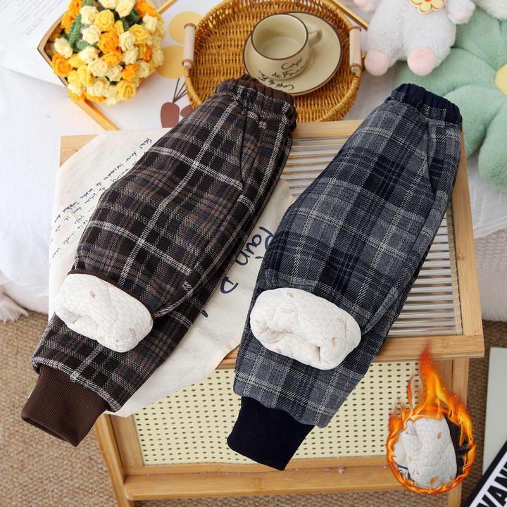 休闲风男女通用加厚保暖中大童米棉裤格子秋冬季儿童外穿一件过冬