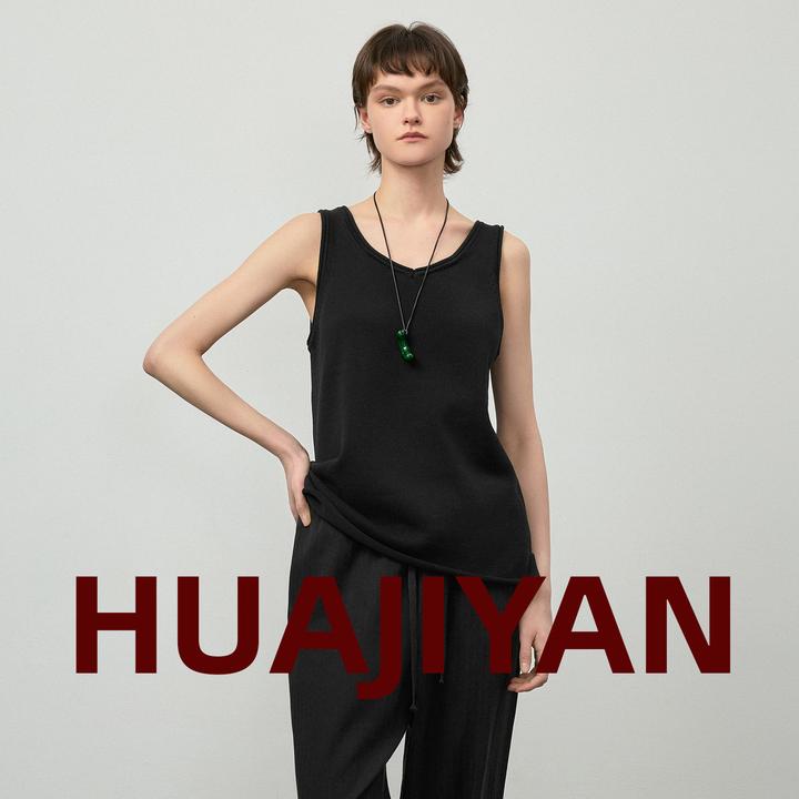 华吉言/HUAJIYAN【黑胶】桑蚕丝精梳棉精致卷边小V领背心