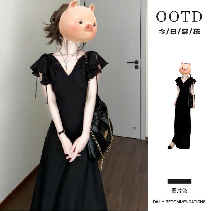 赫本风法式黑色v领连衣裙子女装夏季2025新款爆款高级感气质长裙