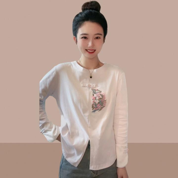 2025春秋新款新中式国风刺绣盘扣长袖T恤女气质修身显瘦开叉上衣
