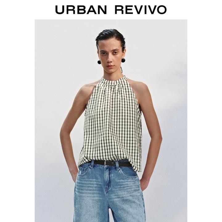UR2025新款女装休闲格纹挂脖无袖罩衫衬衫UYY250069