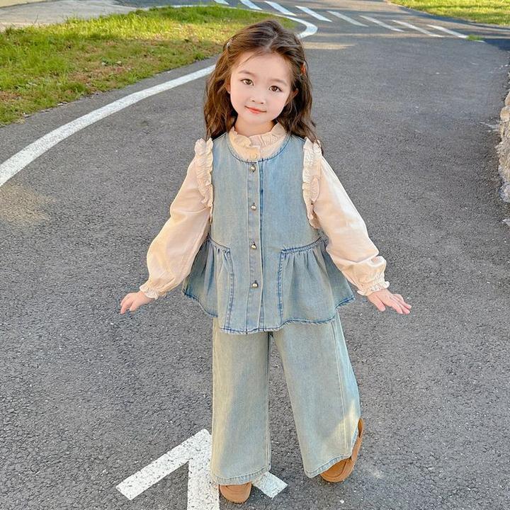 [瑞瑞]女童洋气花边牛仔套装春秋季新款时髦中小童三件套儿童春装