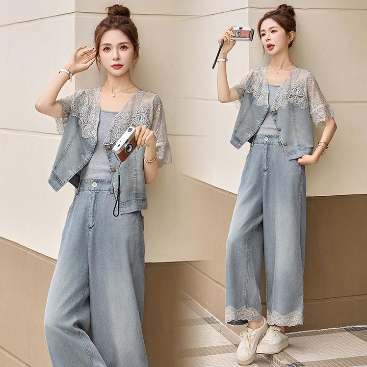 欧货蕾丝拼接牛仔套装女2025夏季新款设计感时尚气质阔腿裤三件套
