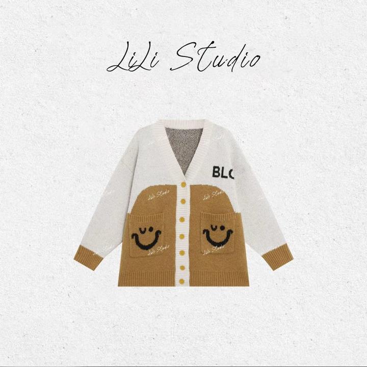 PCNY丨不理理「暖阳浅笑」撞色笑脸口袋字母针织开衫