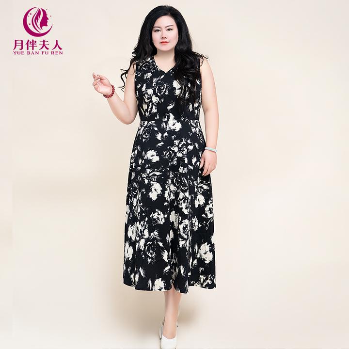 月伴夫人 2025新款时尚轻奢大码高级感印花无袖背心连衣裙3830