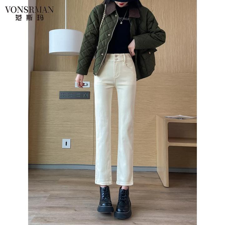 新款时尚洋气百搭女装白色高腰2025冬修身弹力高腰九分烟管裤时尚
