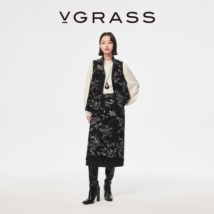 【马上有戏】VGRASS26早春新款定位刺绣叠珠绣直筒半身裙艺术长裙
