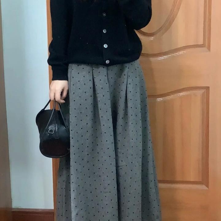 灰色波点毛呢a字裙女秋冬中长款大码胖mm显瘦梨形身材百褶半身裙