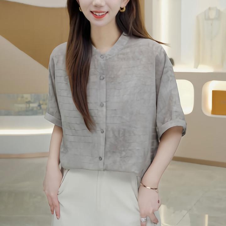 高级感时尚灰色短袖衬衫女夏季2025新款减龄洋气大码休闲显瘦上衣