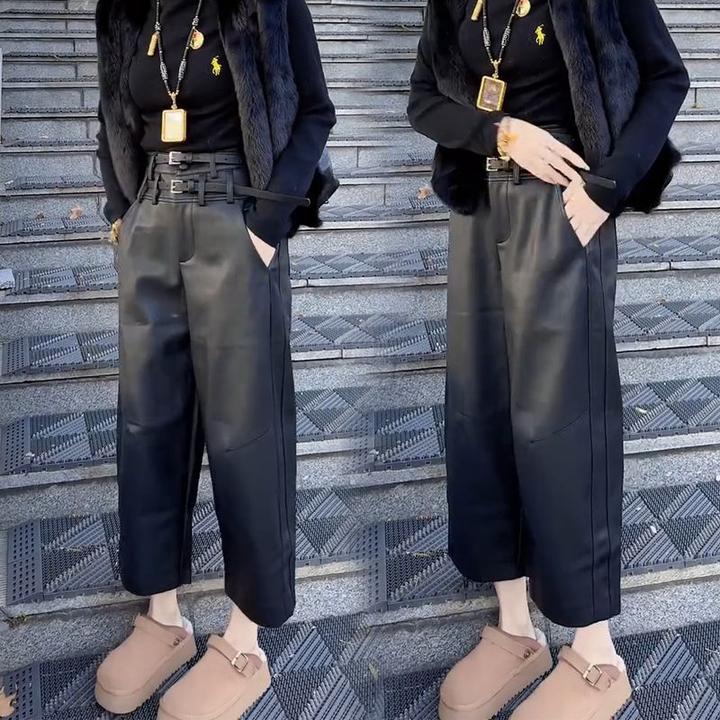 秋冬新款九分PU2025高腰宽松显瘦双腰带加绒蛋白皮裤九分阔腿裤女