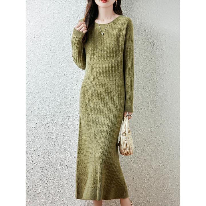 重工扭花圆领100%纯羊毛连衣裙老钱风松弛感女装贵气针织打底裙子